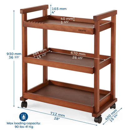 VISWIN 37" H Art Cart Storage Organizer 3-Tier, Solid Beech Wood Rolling Utility Cart with Caster Wheels, Multifunctional Art Supplies Craft Cart Organizer, Trolley for Studio, Classroom, Kit - WoodArtSupply