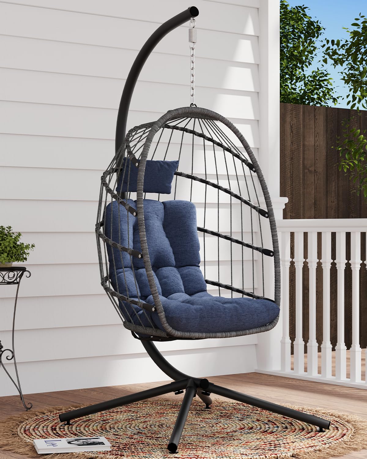 SWITTE Egg Chair Outdoor with Stand, Indoor Wicker Hanging Egg Swing Chair with Cushion, 350lbs Capacity for Patio, Bedroom, Garden - Dark Blue SWITTE