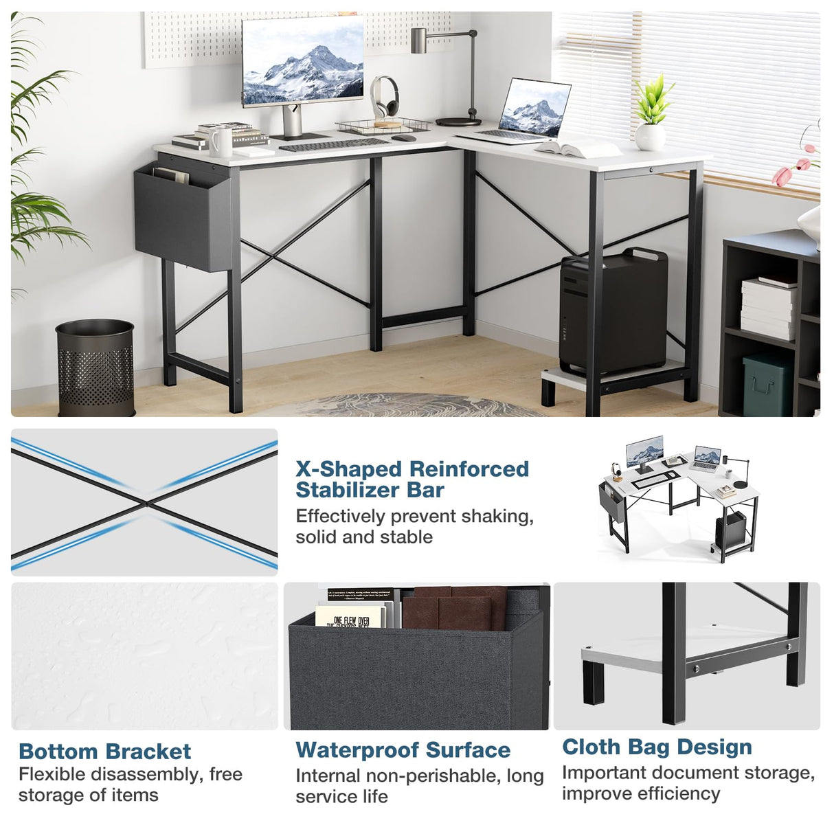 GlasFlength L Shaped Gaming Desk, 49 Inch L Shaped Desk with CPU Storage Shelf & Side Bag, Wooden Corner Desk for Home Office, White 49 inches GlasFlength