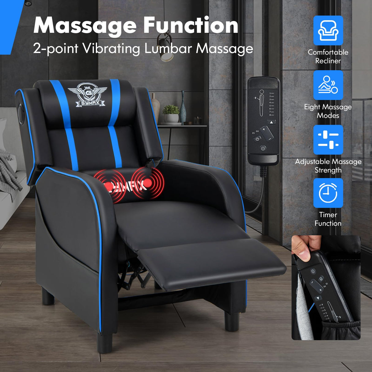 GYMAX Gaming Recliner, Massage Gaming Chair with Bluetooth Speaker, Adjustable Footrest & Lumbar Support, Single Ergonomic Gaming Sofa, Video Gaming Chair for Adults, Home Theatre (Blue) GYMAX