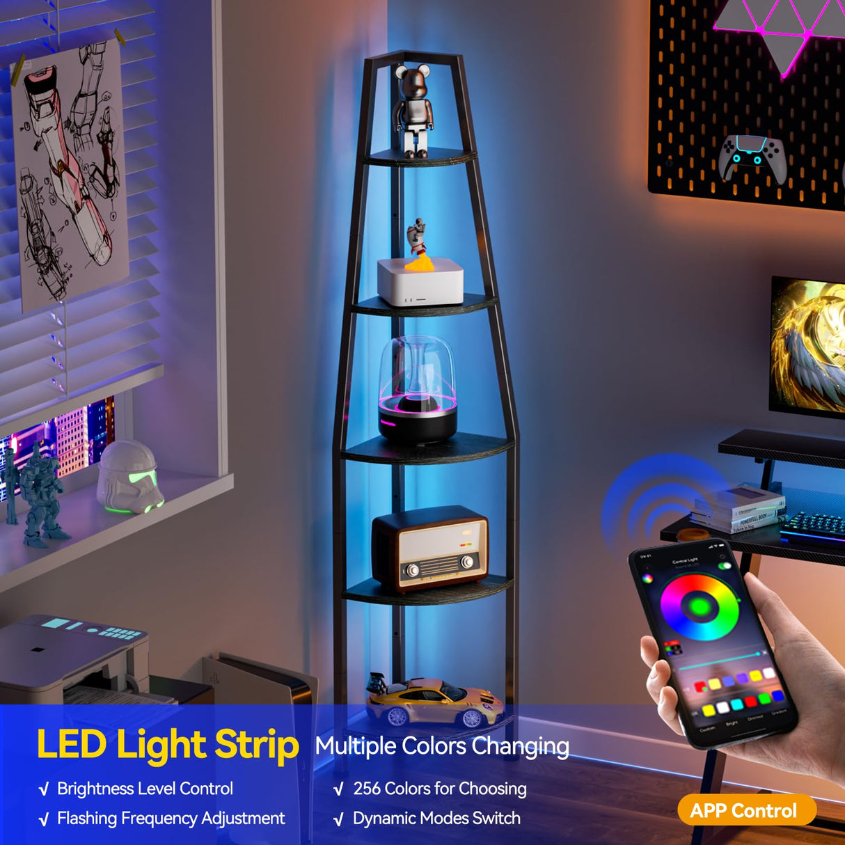 Furnulem 5 Tier Corner Shelf with LED Light, 67.2” Tall Standing Shelf for Wall Corner, Narrow Bookshelf Ladder Shelf for Bedroom, Living Room, Plant, Wood Storage Rack, Metal Frame (Black Oak) Furnulem