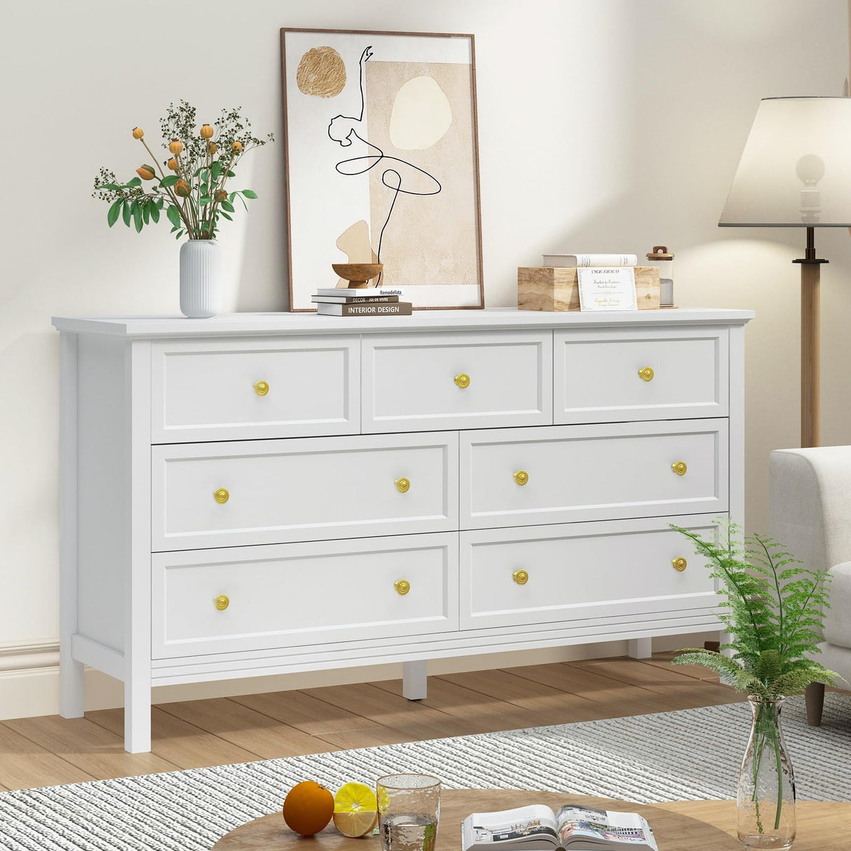 CARPETNAL White Dresser for Bedroom, 7 Drawer Dresser with Wide Drawers and Gold Metal Handles, 55" White and Gold Dresser TV Stand, Modern Dressers & Chests of Drawers for Hallyway, Entryway. CARPETNAL