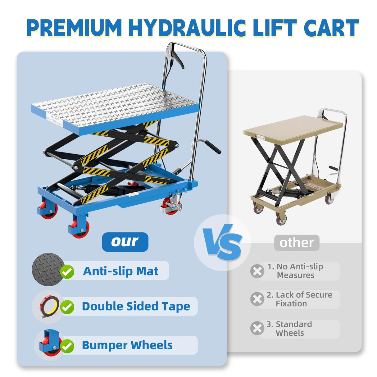 Hydraulic Lift Table Cart, Double Scissor Lift, 330 Lbs Capacity, 50" Height with Non-Slip Pad, 4 Safety Bumper PU Wheels, Ideal for Home, Garage, Supermarket, Factory, Warehouse, Construction Sturdon