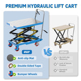Hydraulic Lift Table Cart, Double Scissor Lift, 330 Lbs Capacity, 50" Height with Non-Slip Pad, 4 Safety Bumper PU Wheels, Ideal for Home, Garage, Supermarket, Factory, Warehouse, Construction Sturdon