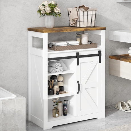Vabches Bathroom Floor Cabinet, Small Storage Cabinet with Sliding Door, Adjustable Shelf, Farmhouse Storage Cabinet for Bathroom, Kitchen, Living Room, Rustic Style Cabinet, White Vabches