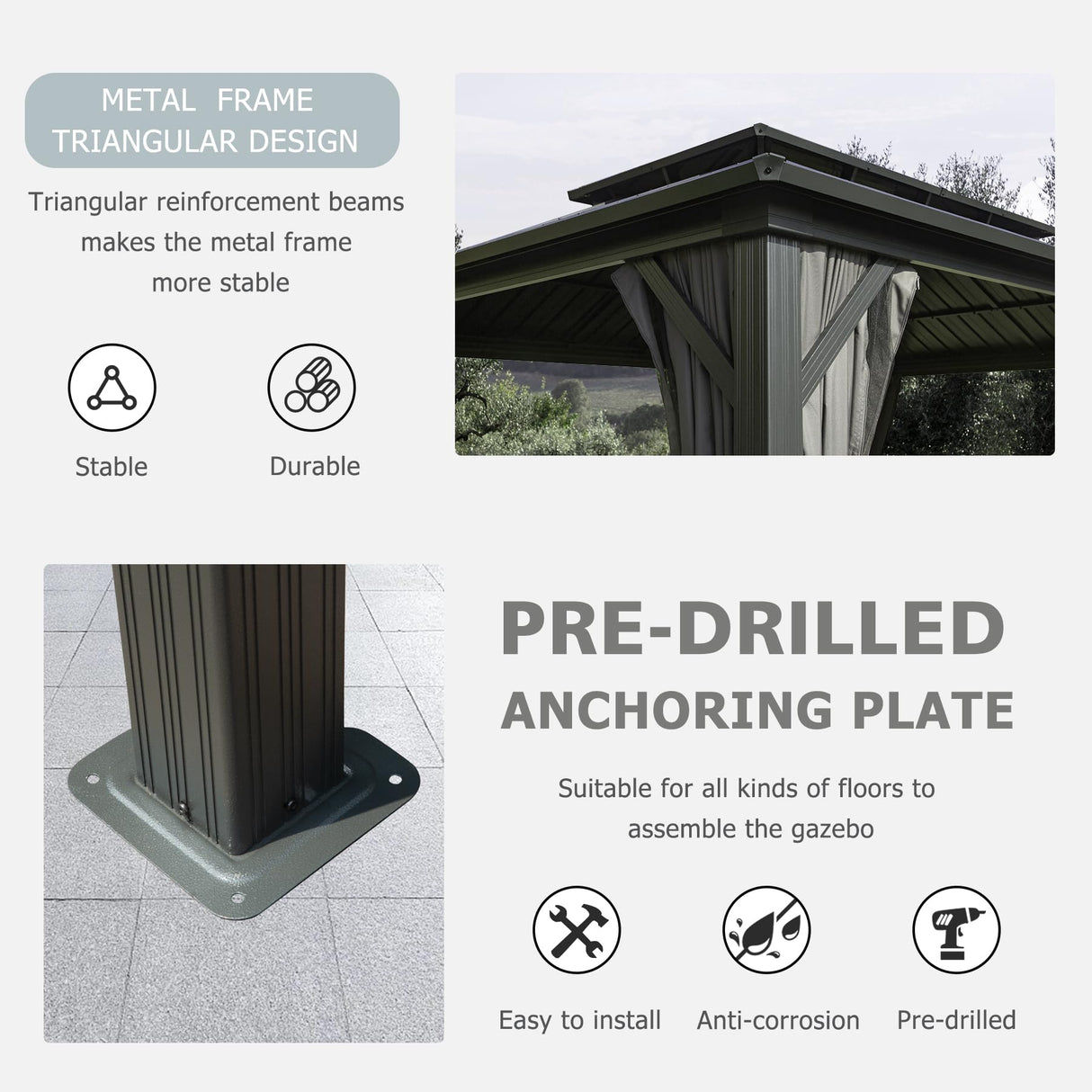 Domi Hardtop Gazebo 12x20FT, Aluminum Outdoor Gazebo with Galvanized Steel Double Roof Canopy, Curtains and Netting Included, Metal Gazebo Permanent Pavilion for Patio, Lawn, Garden, Gray domi outdoor living