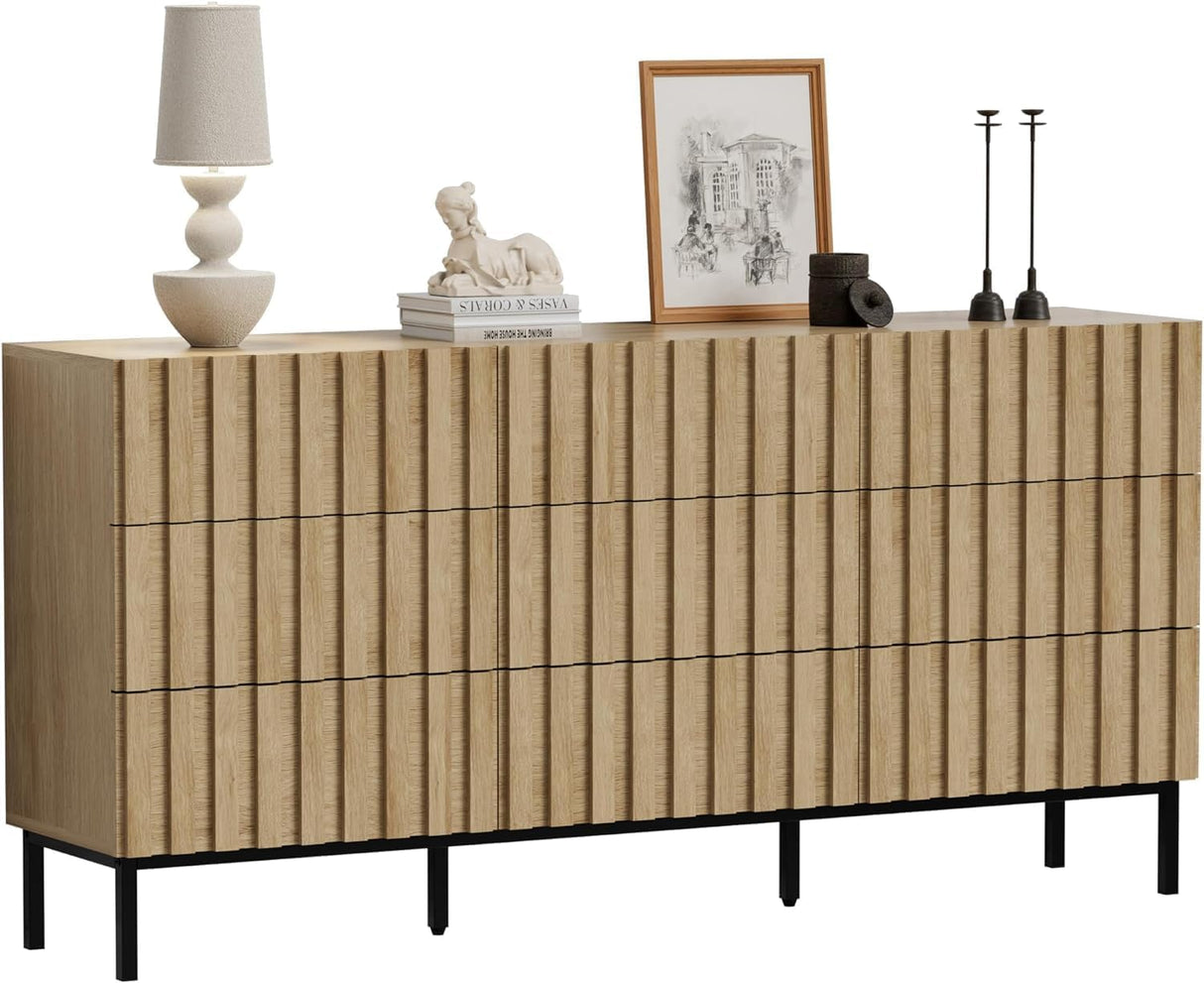 UEV Modern 9 Drawer Dresser for Bedroom,59" Mid Century Modern Dresser,Fluted Dresser Natural Wood Dresser with Panels for Handle,Long Chest of Drawers TV Stand Dresser for Bedroom,Living Room,Hallway UEV