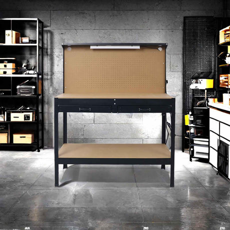 FRITHJILL Heavy-Duty Workbench with Pegboard, Two Drawers, and LED Light, Multipurpose Garage Workstation FRITHJILL