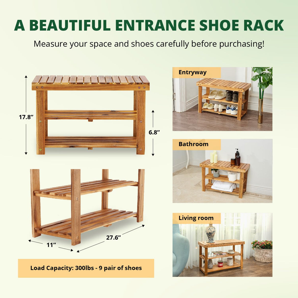 BEEFURNI Wooden Shoe Rack Bench, 3-Tier Sturdy Shoe Organizer, Acacia Wood Shoe Shelf, 300 LBS Load Capacity, Perfect for Closet Entryway Bathroom Bedroom, 1-year Manufacturer Warranty, Natural Acacia BEEFURNI