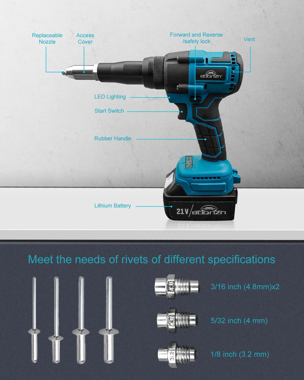 BOQNZN Cordless Rivet Gun with Charger and 2 Batteries, Electric Brushless Blind Rivet Tool Kit, Portable Rivet Gun for 1/8", 5/32", 3/16" Rivets - WoodArtSupply