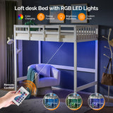 VINGLI Loft Bed Twin Size with USB Charging Station/LED, Solid Wood Single Loft Bunk Bed with Flat Rungs for Kids/Teens/Adults, 15 inches High Guardrail,Wood Slat Support No Box Spring Needed, White VINGLI