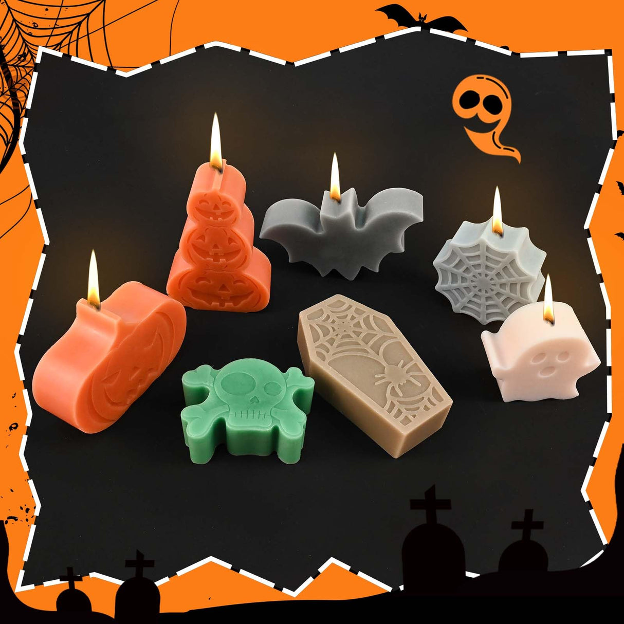 ZQYSING 7 Pack Halloween Candle Molds for Candle Making, Various Shapes Skull Spider Web Pumpkin Ghosts Bat Coffin Molds for Candles Wax Soap Clay Plaster Epoxy Resin Home Party Decorations ZQYSING
