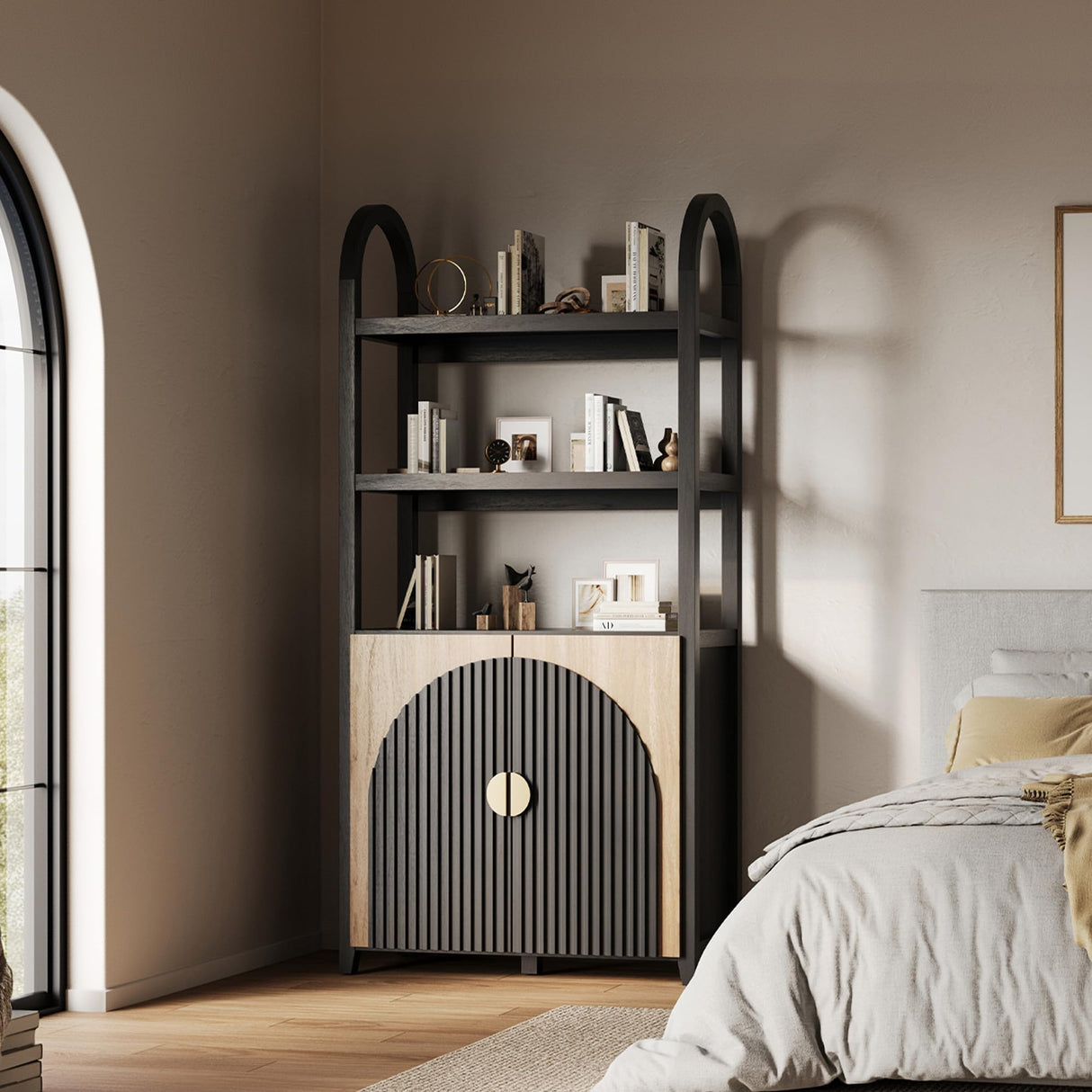 BELLEZE Book Shelf 72" Tall Arched Bookcase with Storage, 5 Tier Mid Century Modern Fluted Bookshelf with Doors, Modular Bookshelves for Living Room Office Library (Camel) BELLEZE