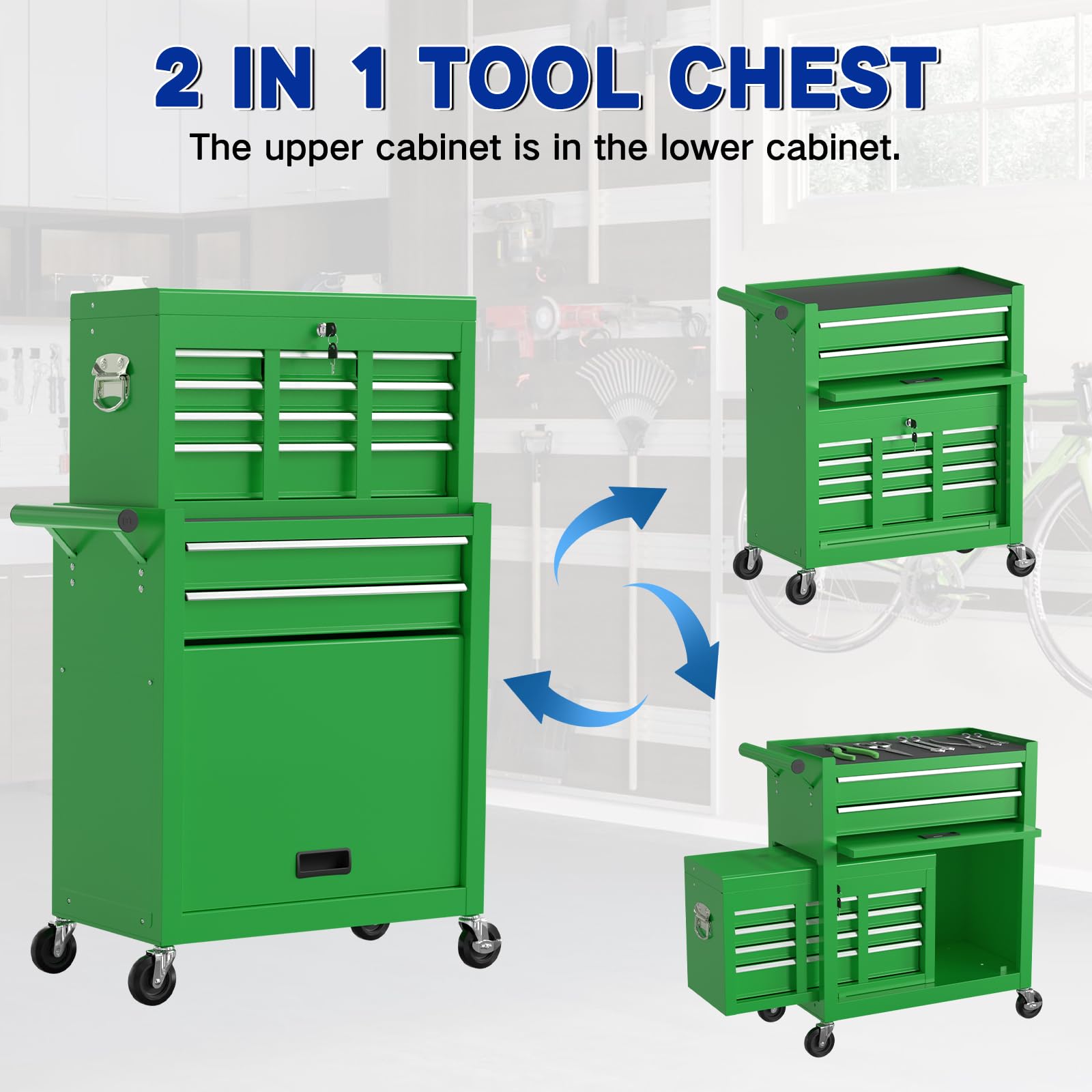 Kieperi 8-Drawer Large Capacity Rolling Tool Box, Tool Box with Wheels, Removable Rolling Tool Chest with Wheels and Drawers, Tool Cabinet with Lock for Workshop Mechanics Garage (Green) - WoodArtSupply