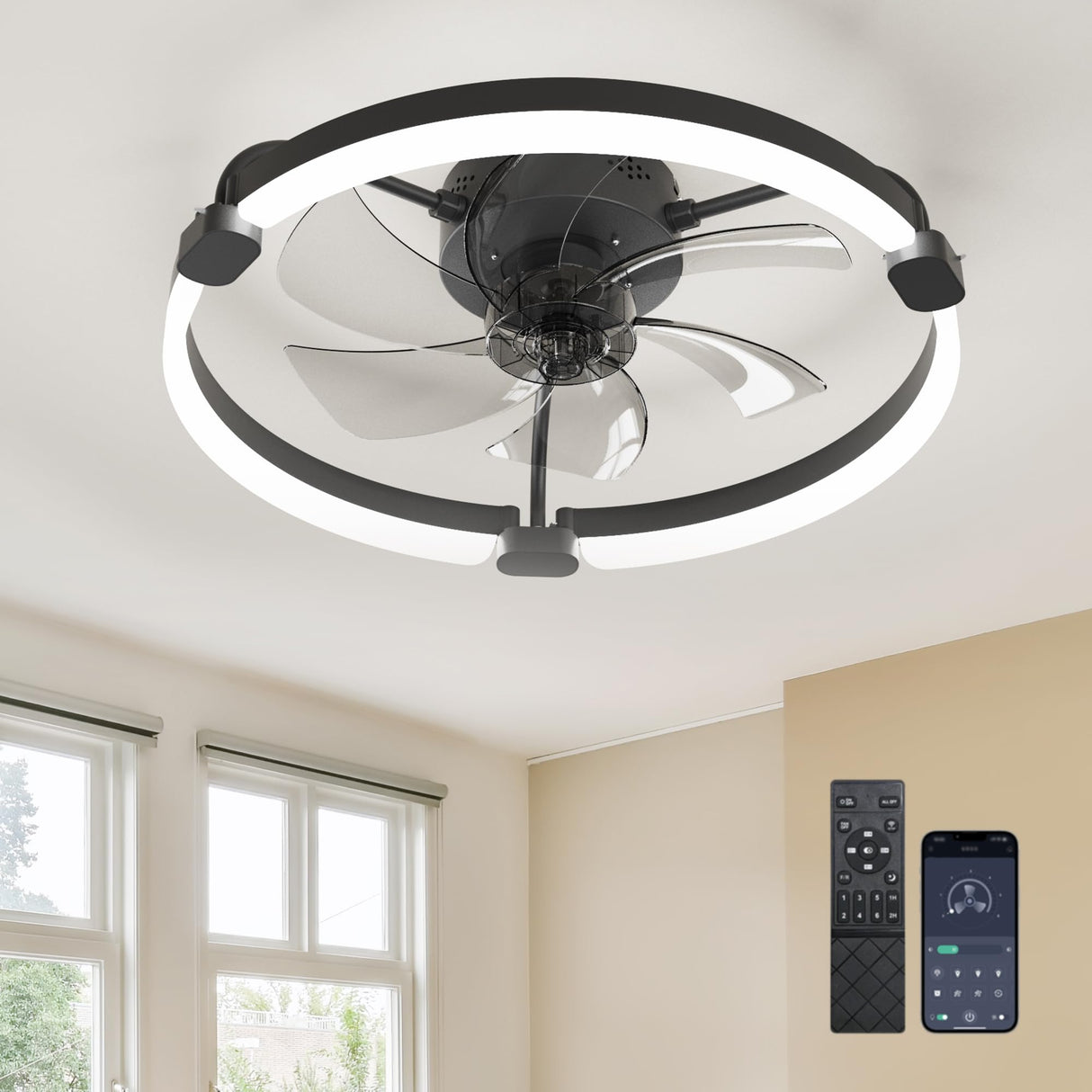 Ensenior 20'' Low Profile Ceiling Fans with Lights and Remote, Fandelier Ceiling Fan Flush Mount, APP Control, 6 Speed & 3000K-6500K Stepless Dimmable Small Ceiling Fan with Light for Bedroom - Black Ensenior