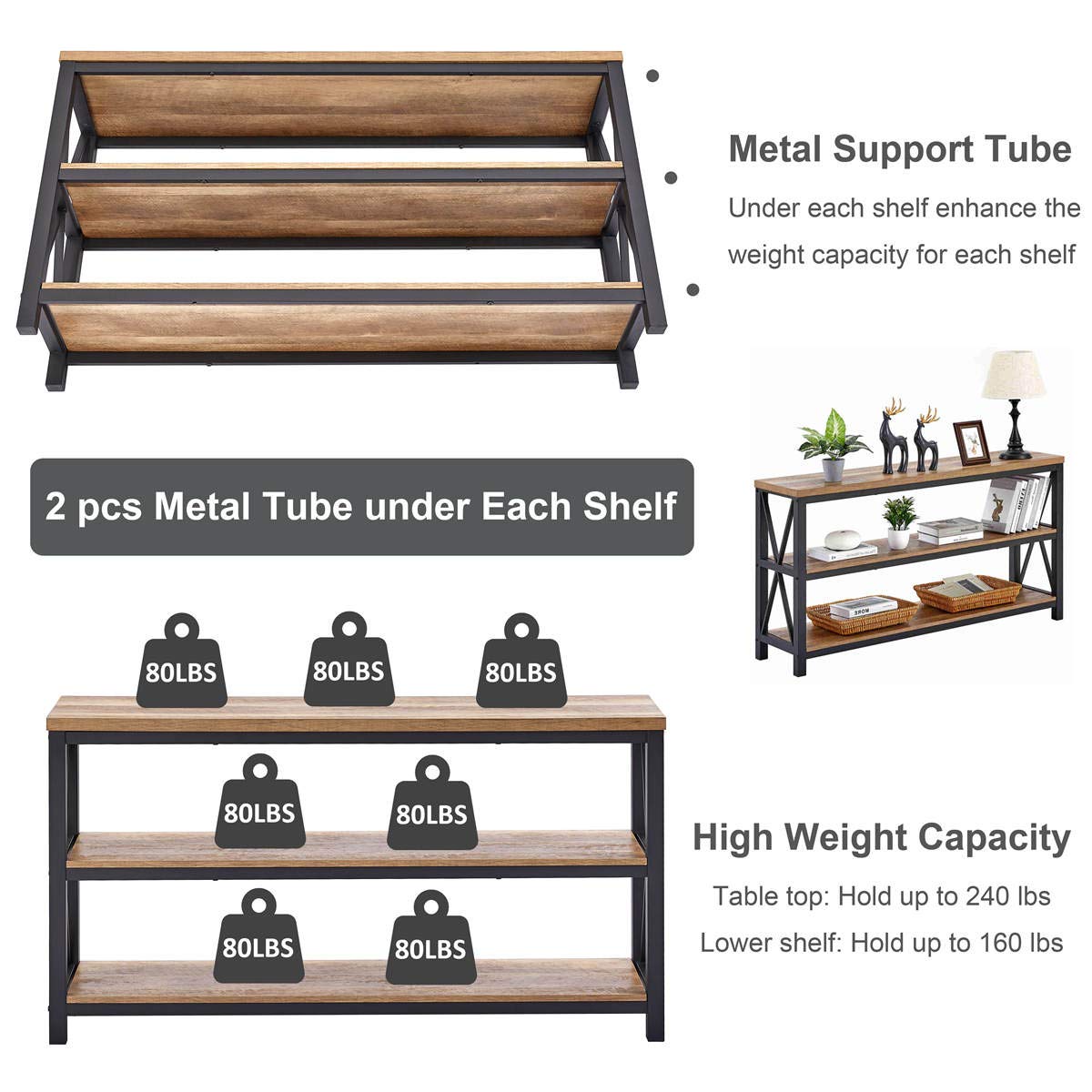 FATORRI Rustic Oak Industrial Console Table with 3-Tier Shelves for Entryway and Living Room