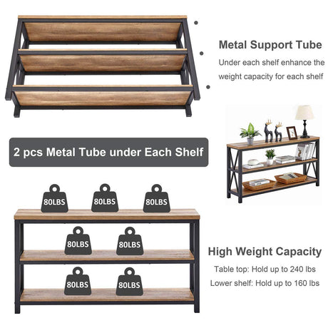 FATORRI Rustic Oak Industrial Console Table with 3-Tier Shelves for Entryway and Living Room FATORRI