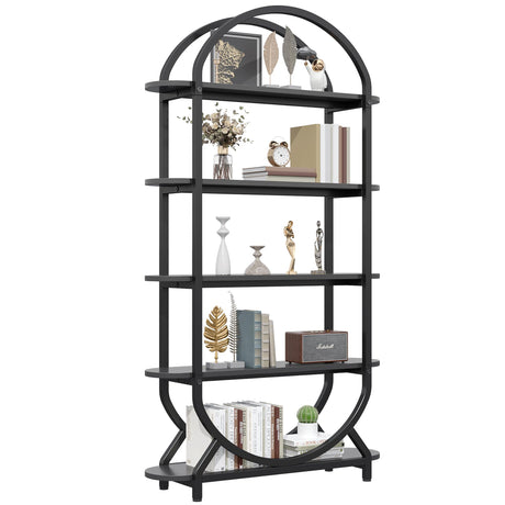 Semoic Tall Bookshelf Arched Bookcase, Modern 5-Tier Book Shelves with Storage Organizer - Industrial Curved Freestanding Open Display Shelving Unit for Living Room, Library, Home Office, Black Semoic
