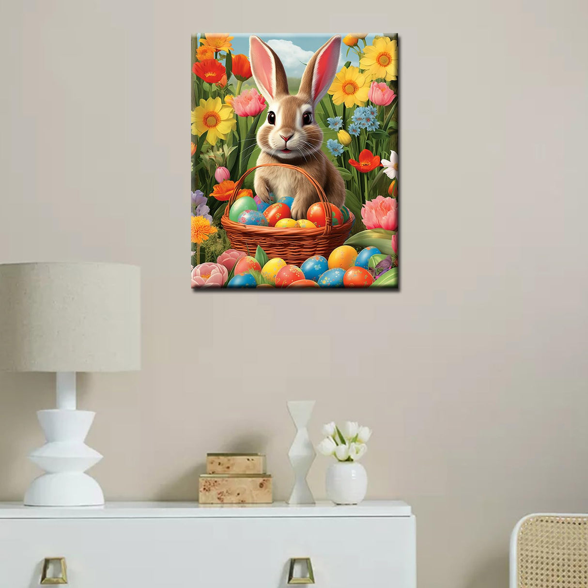 Aihonmin Easter Bunny Paint by Number DIY Acrylic Painting Paint by Number Kit for Kids Adults Beginner Spring Garden DIY Painting by Numbers Painting Arts Craft 16x20In Easter Day (Frameless) Aihonmin