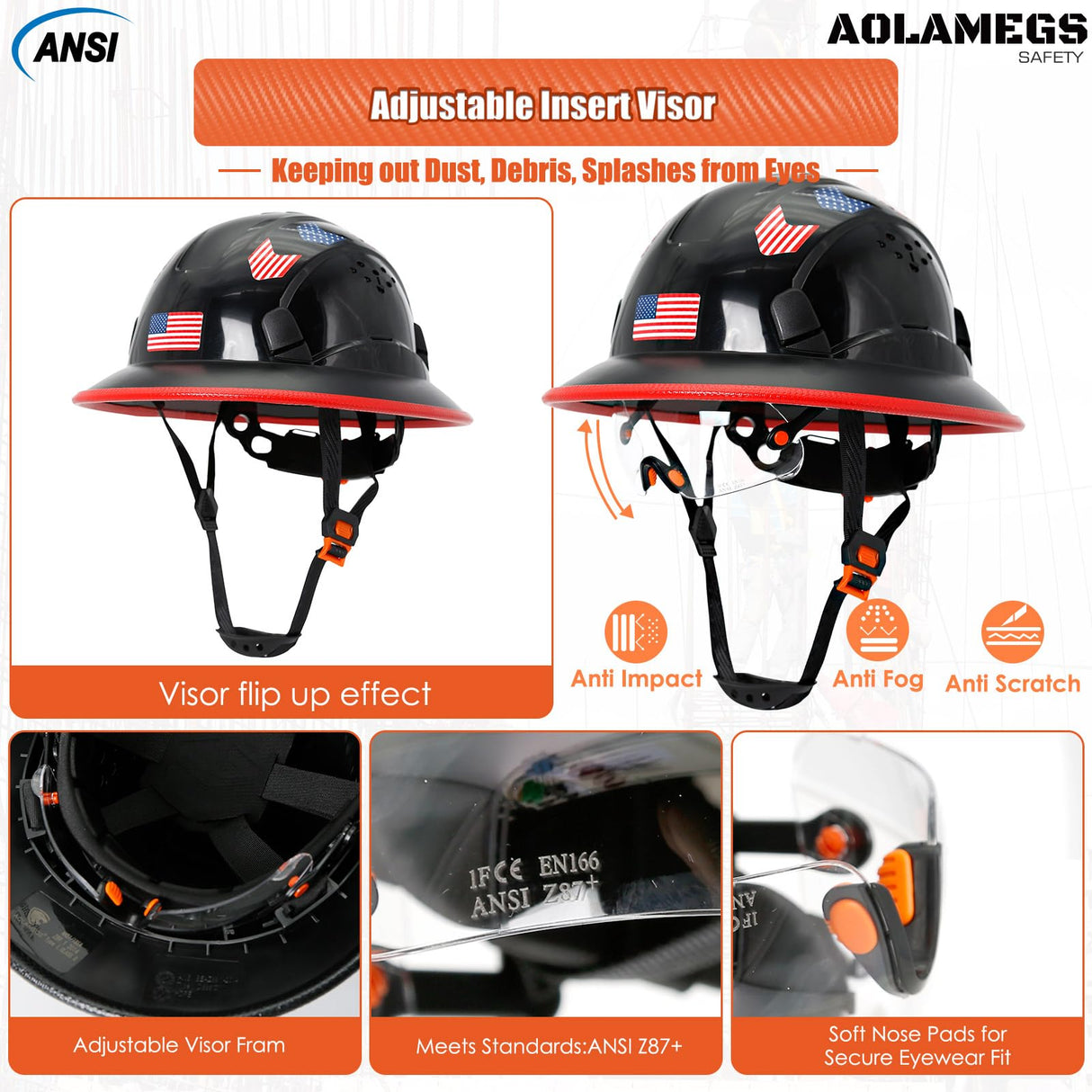 Aolamegs Safe Full Brim Hard Hats Construction OSHA Approved With Clear Visor - ANSI Z89.1 Vented Black Hard Hat With Chin Strap Reflective Cascos De Construccion Safety Helmet for Men 6-Pt Suspension Aolamegs Safe