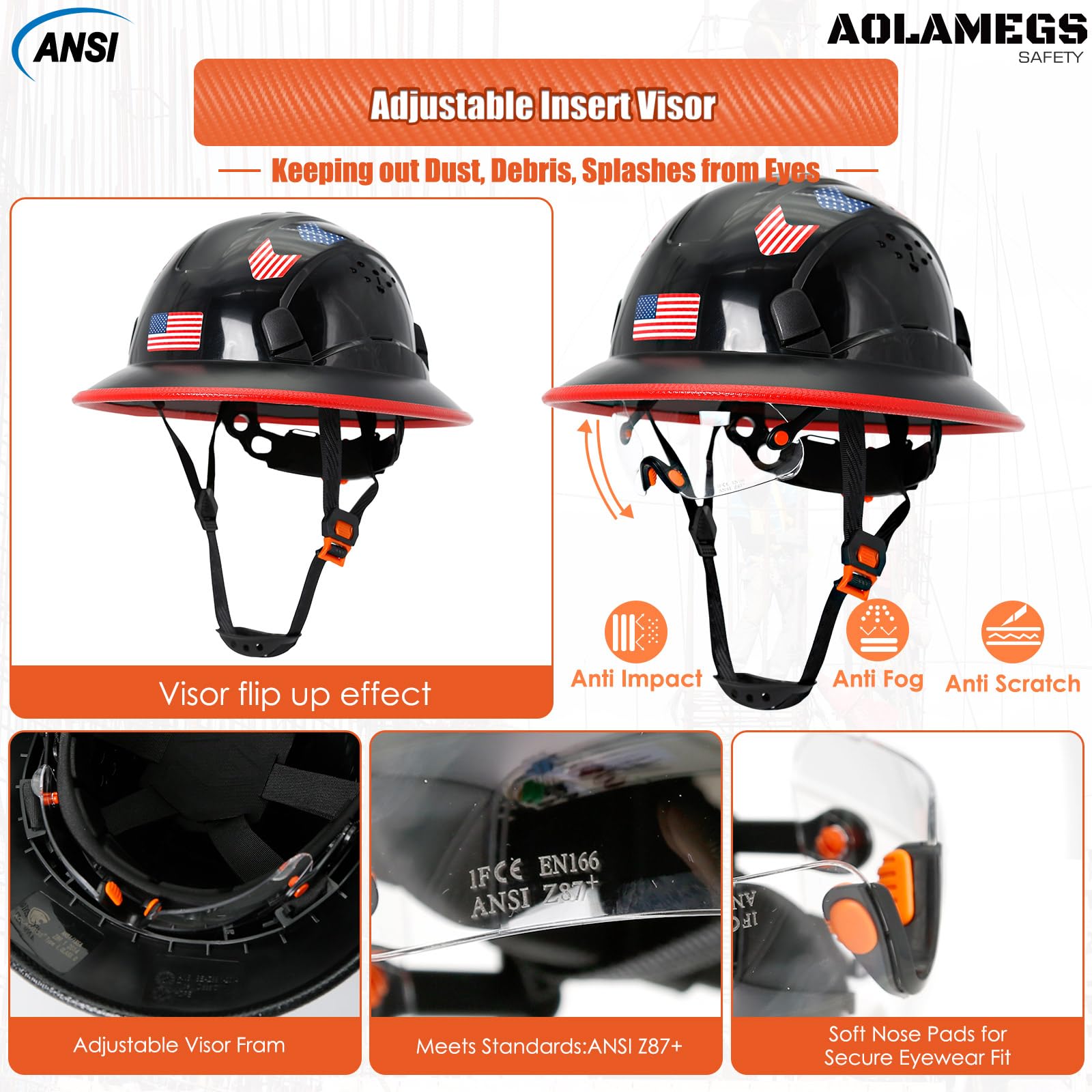 Aolamegs Safe Full Brim Hard Hats Construction OSHA Approved With Clear Visor - ANSI Z89.1 Vented Black Hard Hat With Chin Strap Reflective Cascos De Construccion Safety Helmet for Men 6-Pt S - WoodArtSupply