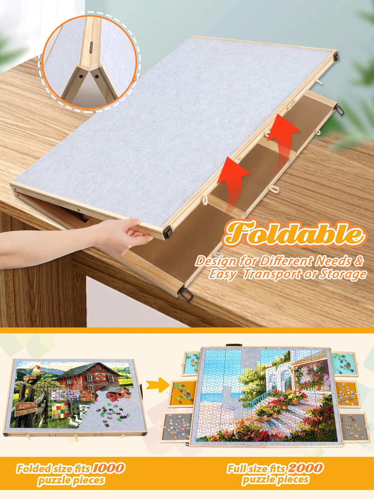 Kalolary 2-in-1 Tilting & Foldable Puzzles Board, 2000 Pieces Wooden Jigsaw Puzzle Table with 6 Drawers & 2 Covers Portable Puzzles Accessories Puzzle Organizer for Adults (31" x 39.4") Kalolary