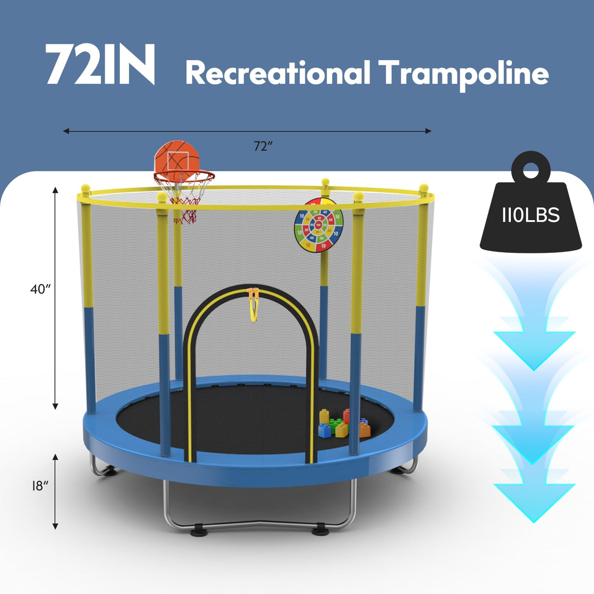 Sedeke 72" Trampoline for Kids with Net, 6 FT Indoor & Outdoor Small Toddler Trampoline with Basketball Hoop & Dart Board for Ages 1-8, Birthday Gifts for Boys & Girls, Baby Toddler Christmas Toys Sedeke