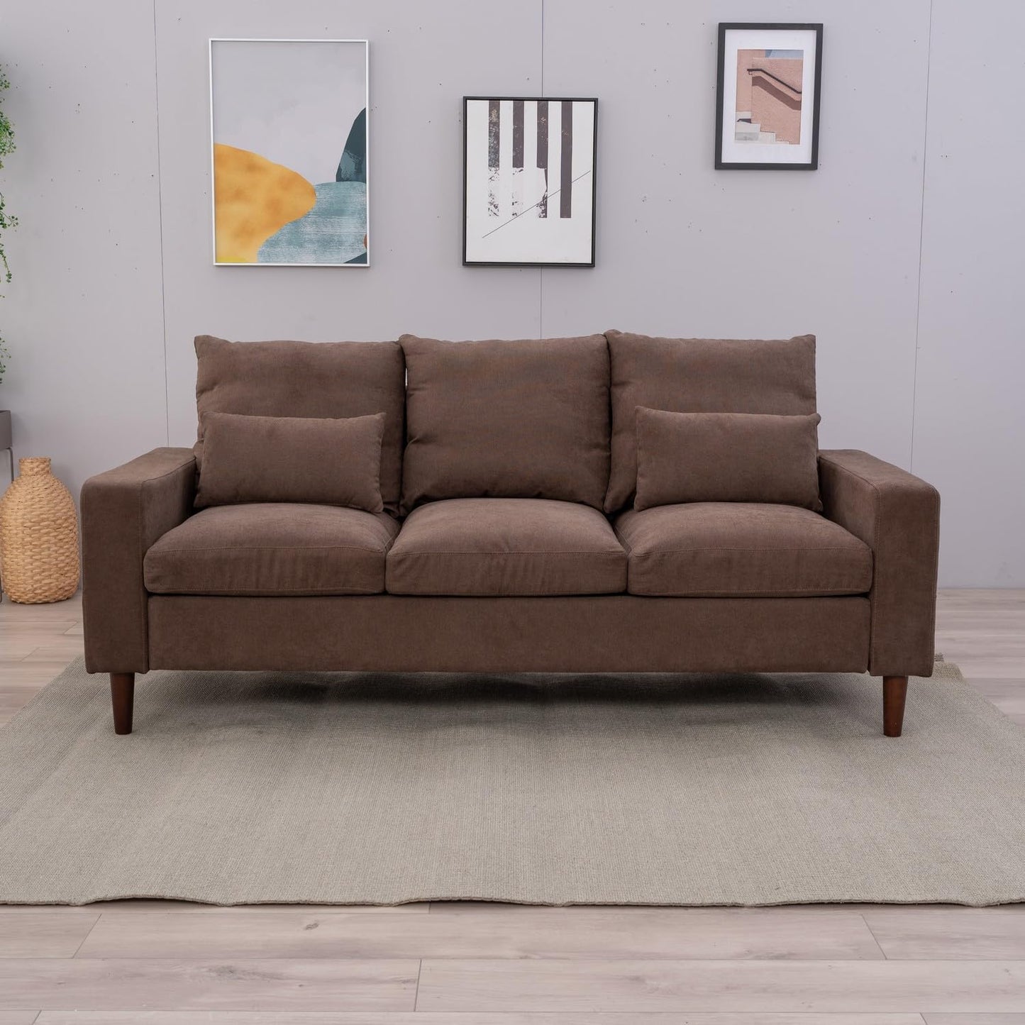 Panana Upholstered Sofas 3 Seater for Living Room Modern Design Simple Couch, Straight Arms, Linen Fabric Upholstery, Tool-Free Assembly (Brown)