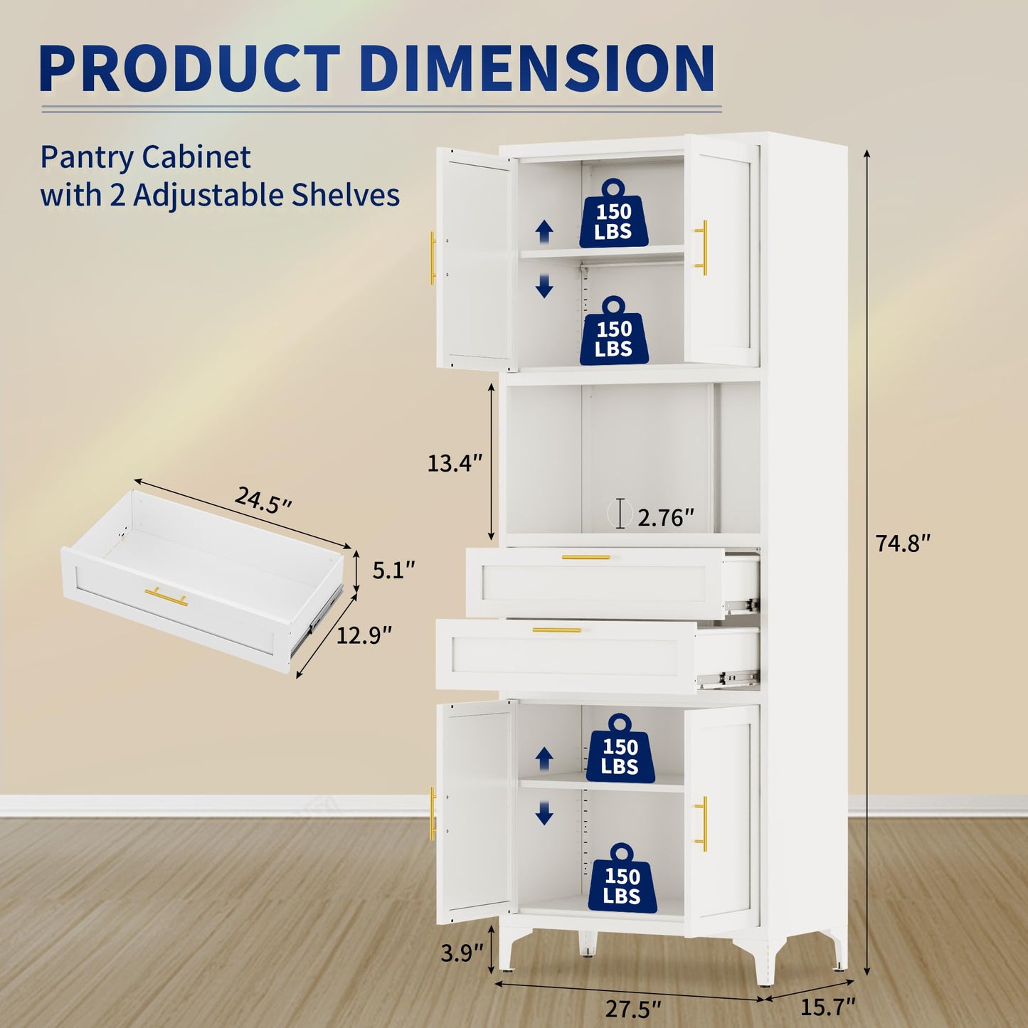 ZLBRDS 75” Tall Kitchen Pantry Storage Cabinet, Metal Storage Cabinet with 2 Drawers and Adjustable Shelves, Bathroom Storage Cabinet with Open Compartments, Freestanding Cupboard for Kitchen (White)