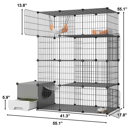 Oneluck Cat Cage with Litter Box,4-Tier DIY Cat Enclosures Large Playpen Detachable Metal Wire Kennel Indoor Crate Large Exercise Place Ideal for 1-2 Cat - WoodArtSupply