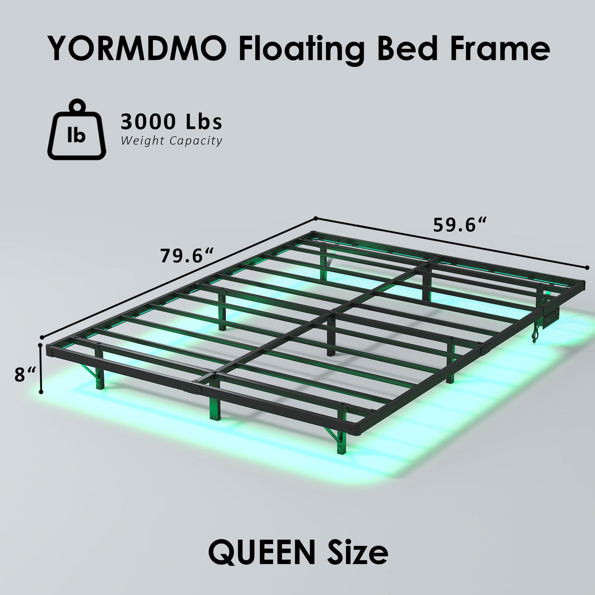YORMDMO Floating Bed Frame Queen Size, Heavy Duty Bedframe with Smart LED Lights & Charging Station, Modern Metal Platform Bed, Easy Assembly No Box Spring Needed, 8 Inch YORMDMO