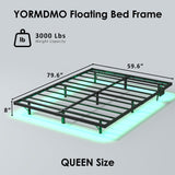 YORMDMO Floating Bed Frame Queen Size, Heavy Duty Bedframe with Smart LED Lights & Charging Station, Modern Metal Platform Bed, Easy Assembly No Box Spring Needed, 8 Inch YORMDMO