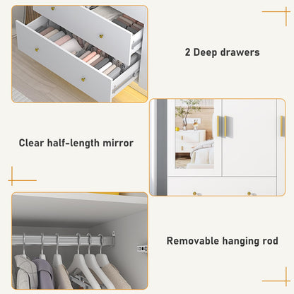 3 Doors Armoire Wardrobe Closet with Mirror, LED Armoire with Doors and Drawers, Wooden Armoire Storage Cabinet with Hanging Rod, Adjustable Shelves, White