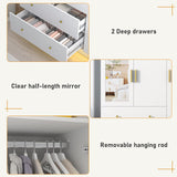 3 Doors Armoire Wardrobe Closet with Mirror, LED Armoire with Doors and Drawers, Wooden Armoire Storage Cabinet with Hanging Rod, Adjustable Shelves, White chartustriable