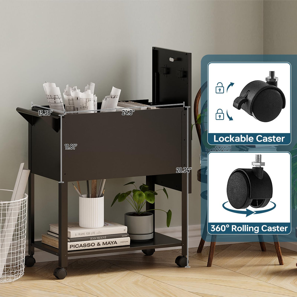 Mobile Files with Lock, Rolling File Cabinet Hanging Letter/Legal Size with Lockable Sliding Cover, Office File Organizer on Wheels MIIIKO