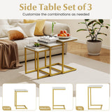 Giantex Nesting Coffee Table Set of 3, Stackable Square End Table w/Faux Marble Tabletop & Heavy-Duty Metal Frame, Farmhouse C-Shaped Accent Table for Small Space, Living Room, Bedroom (White Gold) Giantex
