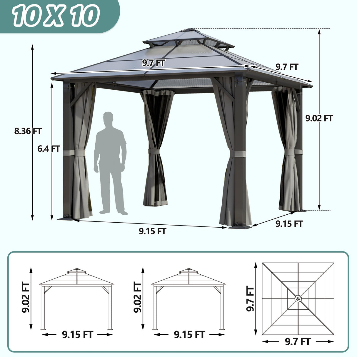 Howsvn 10'x10' Hardtop Gazebo, Upgrade Outdoor Polycarbonate Gazebos with Netting and Curtains, Heavy Duty Metal Pavilion for Patio, Backyard, Deck and Lawn HOWSVN