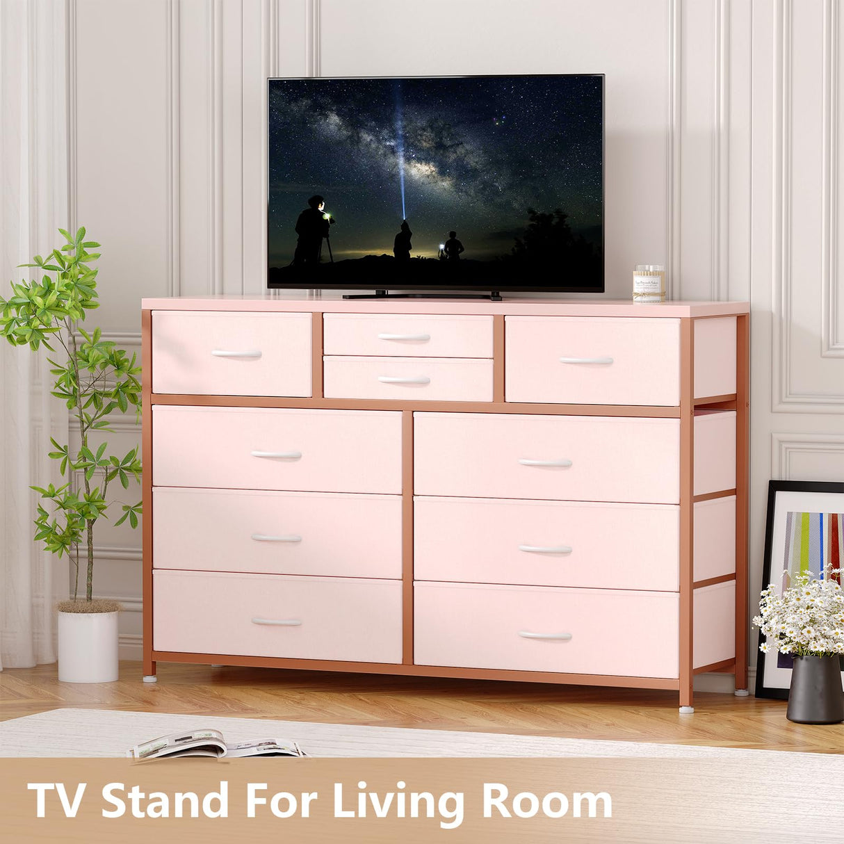 Jojoka Wide 10 Drawer Dresser,TV Stand Entertainment Center Fabric Storage Dressers Drawers for Bedroom, Hallway, Nursery, Closets, Steel Frame, Wood Top (Pink) Jojoka