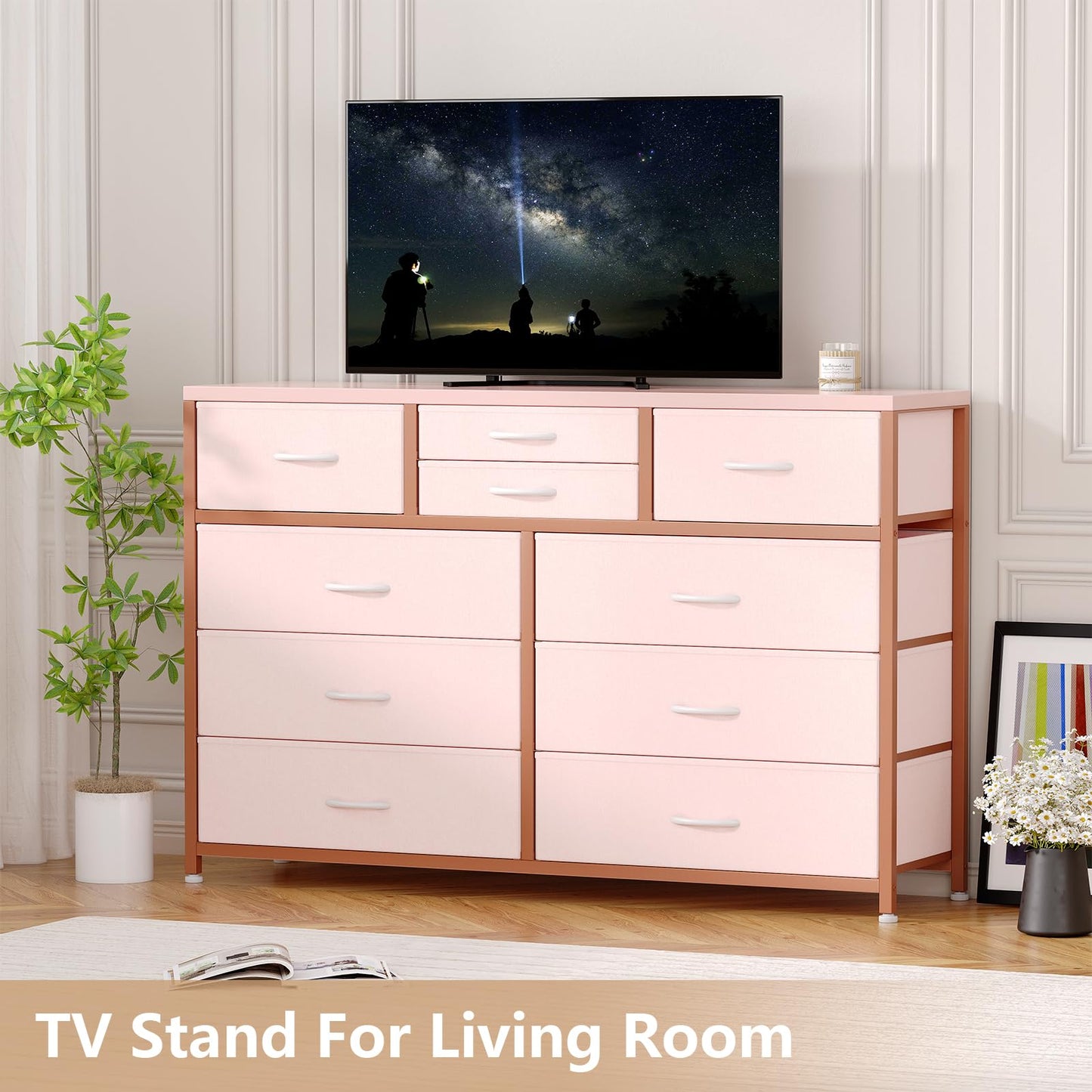 Jojoka Wide 10 Drawer Dresser,TV Stand Entertainment Center Fabric Storage Dressers Drawers for Bedroom, Hallway, Nursery, Closets, Steel Frame, Wood Top (Pink)