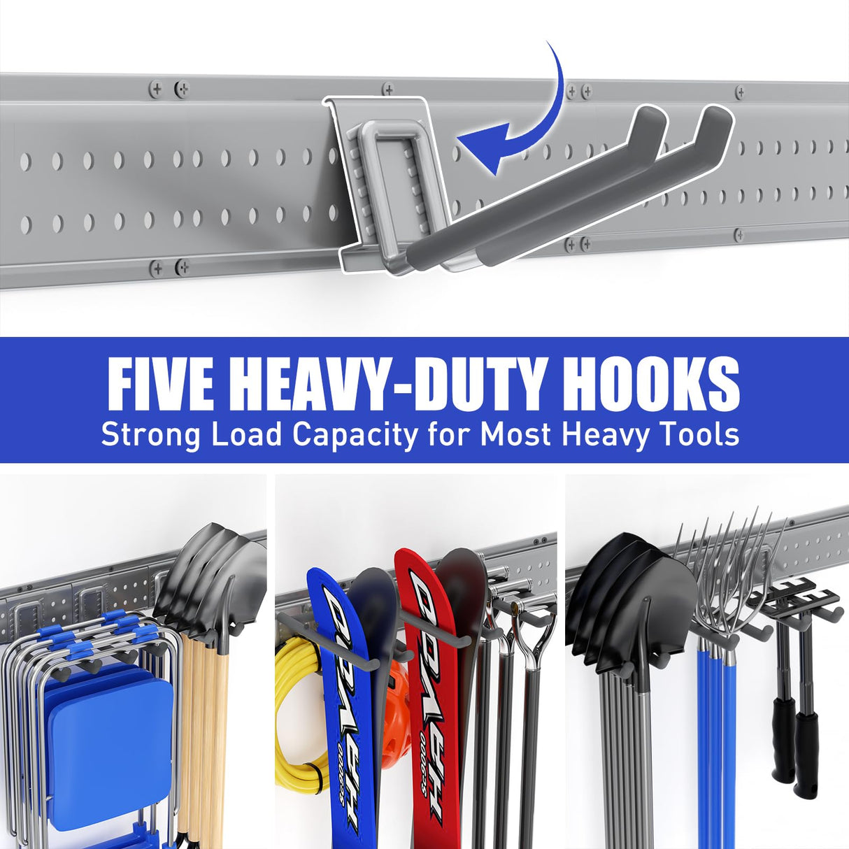 ZICANYCO Garage Tool Organizer Wall Mount 48 inches with 10 Adjustable Heavy-Duty Hooks, Garage Organization, Garden Tool Storage Rack, Yard, and Shed, Holds Up to 400 lbs (Grey) ZICANYCO