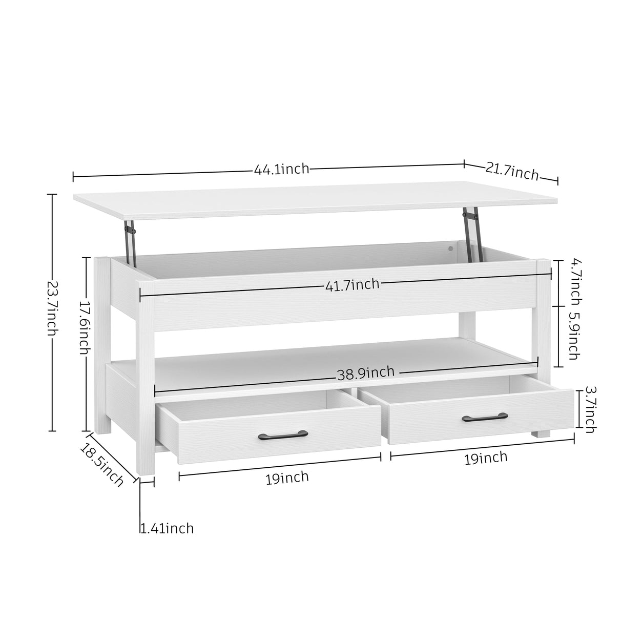 Panana Coffee Table, Lift Top Coffee Table with Hidden Compartment, 2 Drawers and 1 Open Shelf, Retro Central Wooden Table Lift Tabletop for Living Room (White) Panana