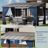 10x14FT Gazebo, Hardtop Wall Mounted Gazebo with Sloping Sun Panel Roof, Awnings for Patio with Metal Frame, Double Curtains for Garden, Lawn, Backyard Deck, Sand ASJMR