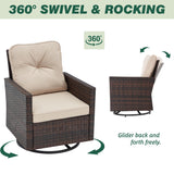 AVAWING 5 Pieces Patio Furniture Set, Wicker Swivel Rocking Chairs with 2 Ottomans and 1 Side Table, Patio Conversation Set w/Waterproof Cushions for Garden, Balcony and Porch, Beige AVAWING