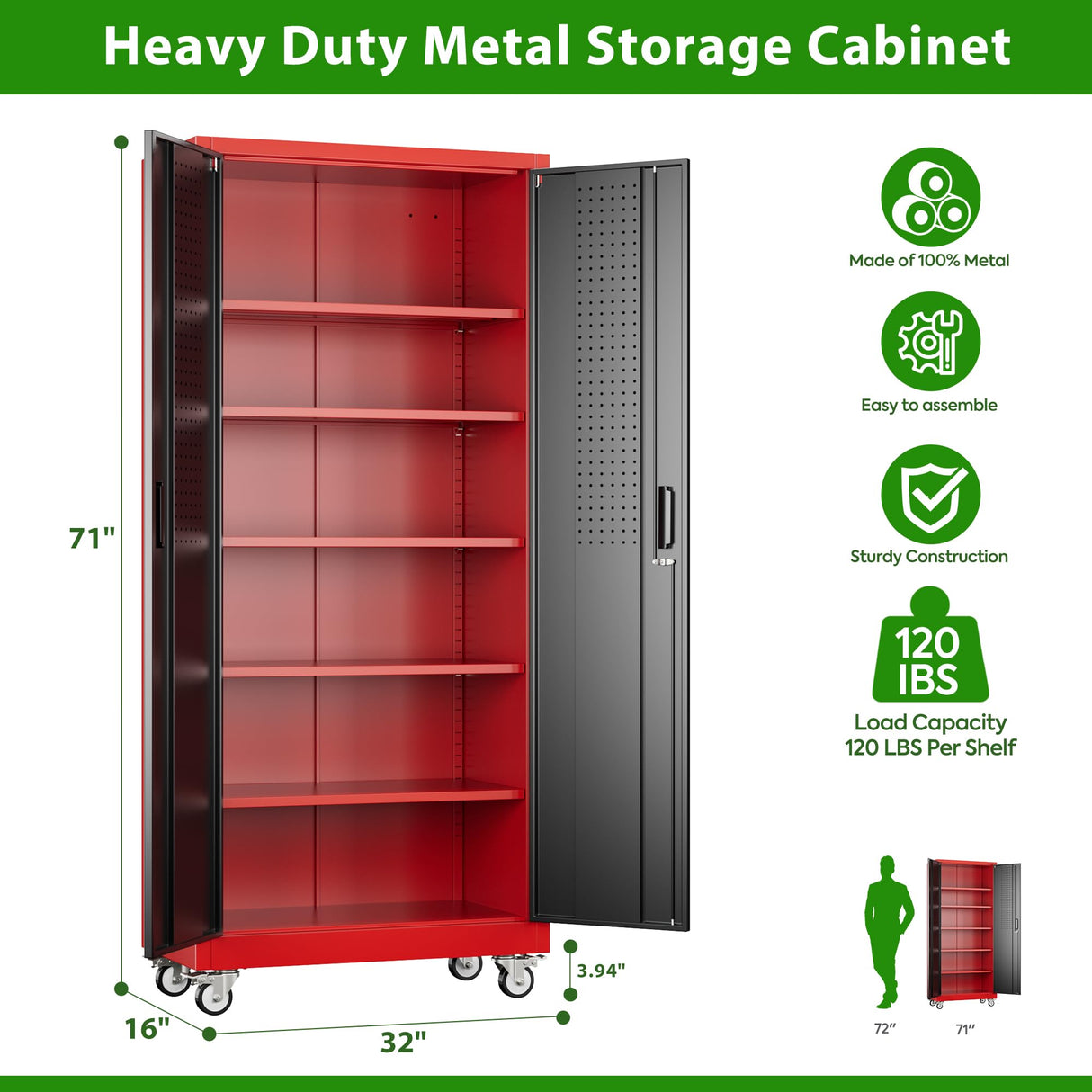 JAORD 71" Metal Storage Cabinet with Wheels and Pegboard, Lockable Rolling Steel Storage Cabinet with 5 Adjustable Shelves and Door for Garage, Office, Kitchen, Assembly Required（Black and red） JAORD