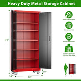 JAORD 71" Metal Storage Cabinet with Wheels and Pegboard, Lockable Rolling Steel Storage Cabinet with 5 Adjustable Shelves and Door for Garage, Office, Kitchen, Assembly Required（Black and red） JAORD
