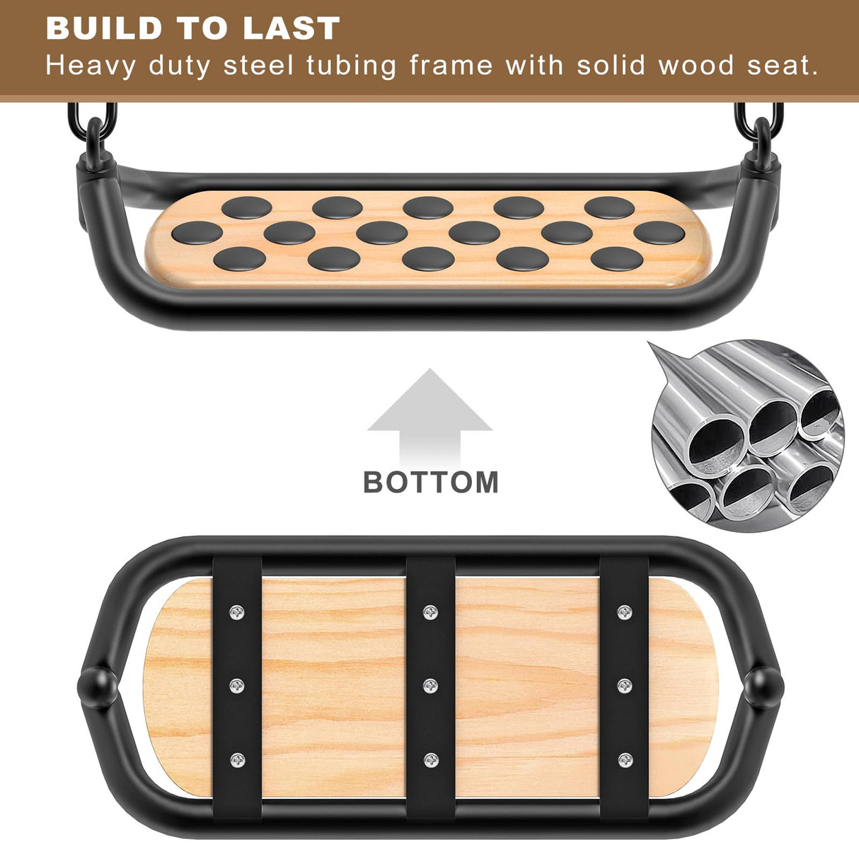 Dolibest Wooden Swing Seat, Outdoor Tree Swings for Adults and Kids, Comfortable and Non-Slip Swing Seat, Heavy Duty Steel Tubing Structure with Adjustable Rope, 58-80 inch, 500 LB Capacity Dolibest