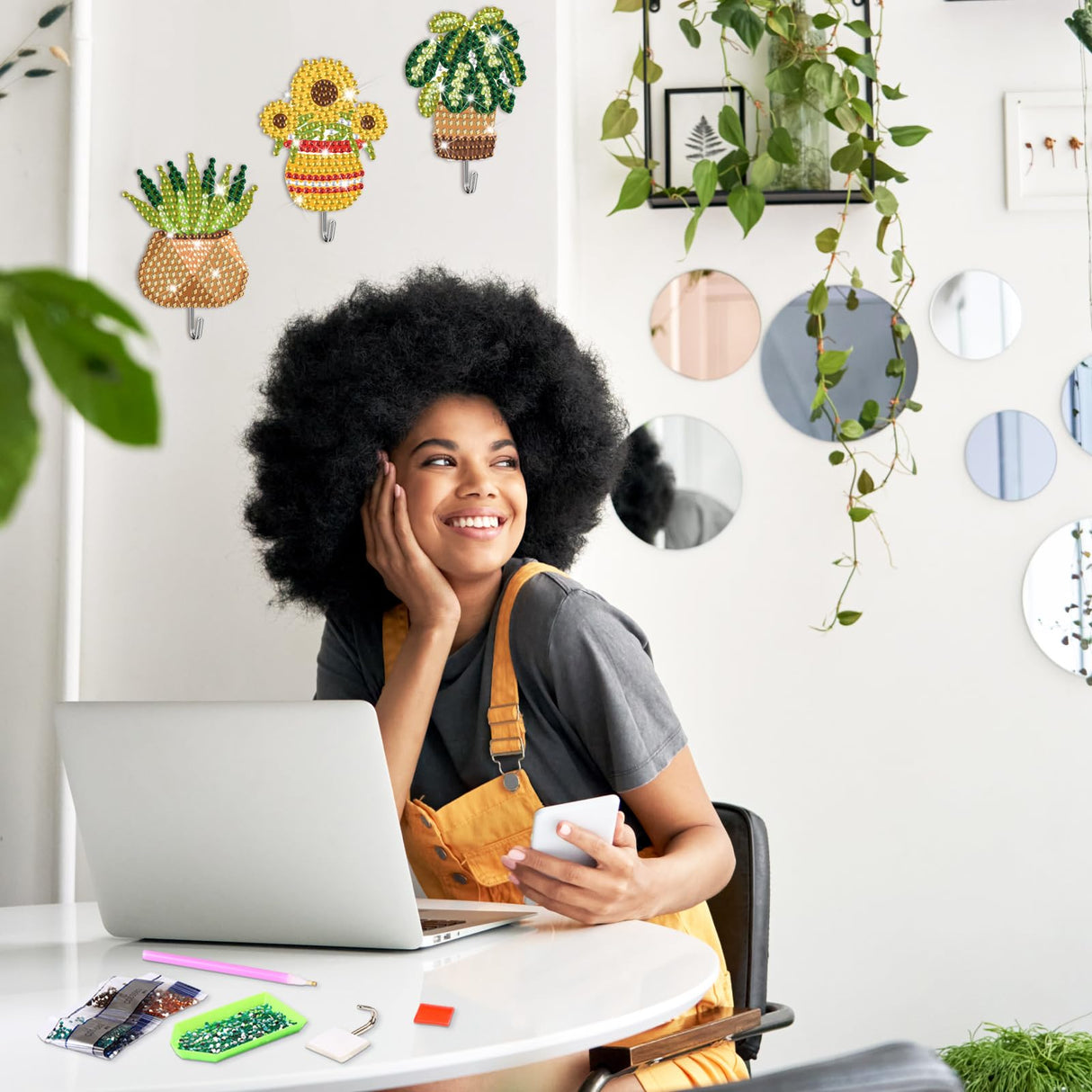 Landical 25 Pcs Floral Diamond Painting Kits for Adults Spring Plants DIY Diamond Art Painting Adhesive Hook Sunflowers Key Holder Rhinestone Dot Gem Art Kits for Towel Hat Kitchen Decoration Landical