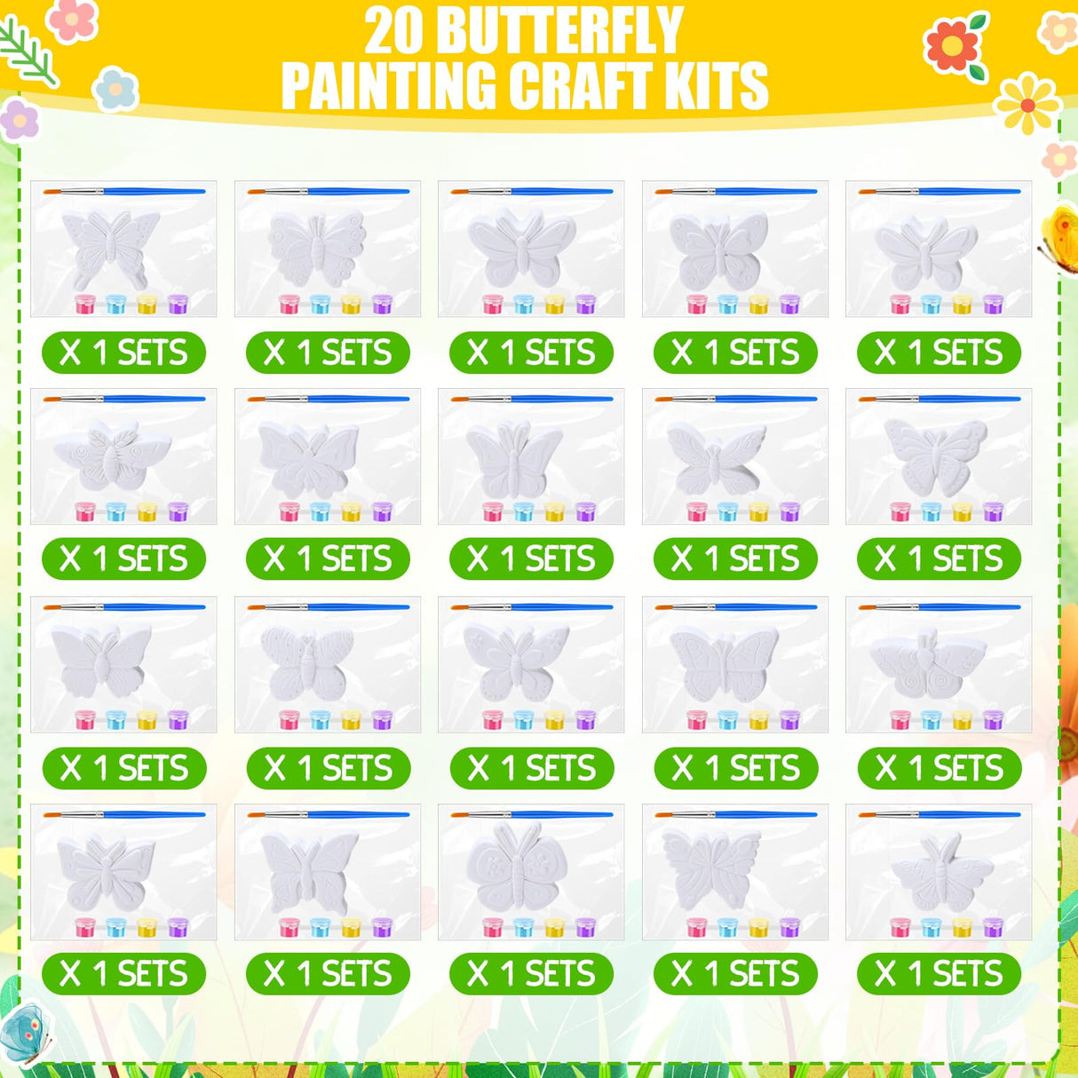 JellyArch 20 Set Butterfly DIY Painting Kit Summer Ceramic to Paint Your Own Butterfly Statues Unpainted Plaster Figurines Brushes Acrylic Paints Bags Party Favor for Adults JellyArch