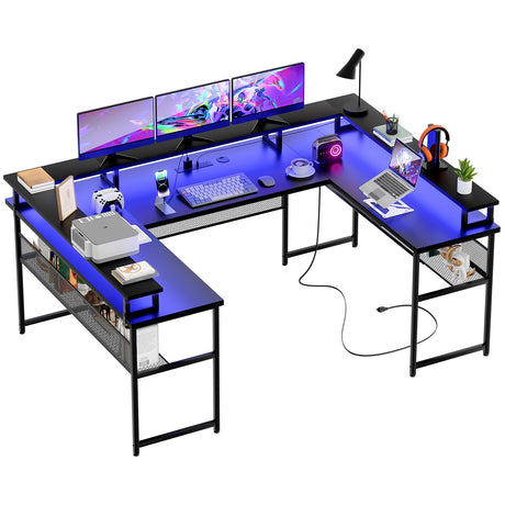 Unikito U Shaped Computer Desks, Reversible Office Desk with LED Strip and Power Outlets, L Shaped Table with Full Monitor Stand and Storage Shelves, 83 Inch Large U- Shape Gaming Desk, Black Unikito