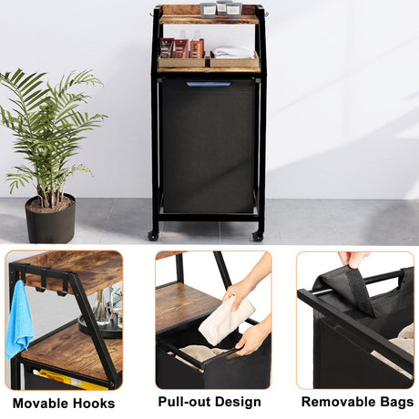Timberer Laundry Hamper, Laundry Sorter, Rolling Laundry Basket with Wheels, 2 Shelves, 18 Gal(68L), Pull-Out and Removable Oxford Fabric Bags, for Laundry Room, Black and Rustic Brown Timberer